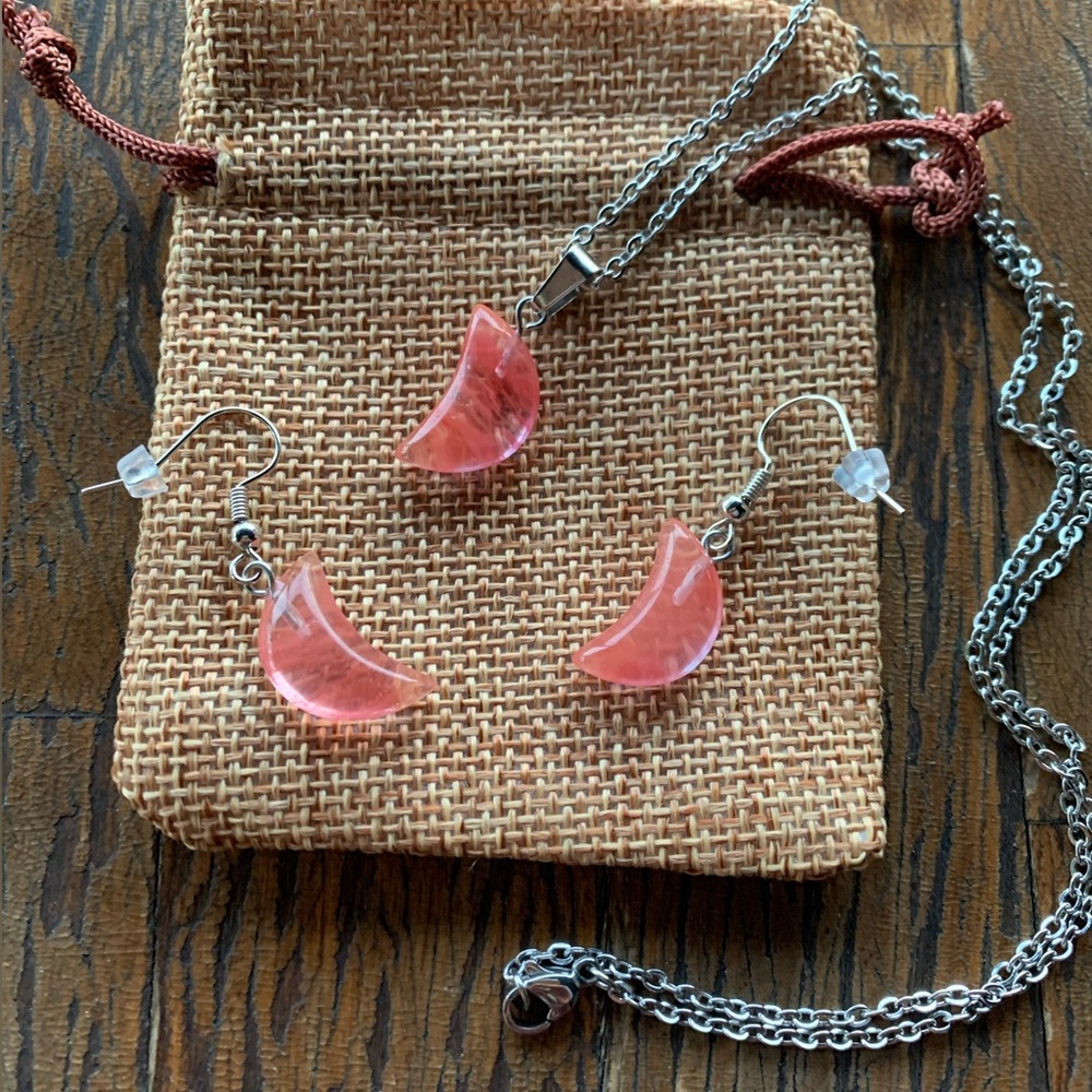 Cherry Quartz Moon Necklace Cherry Quartz Moon Earrings Matching Crystal Set